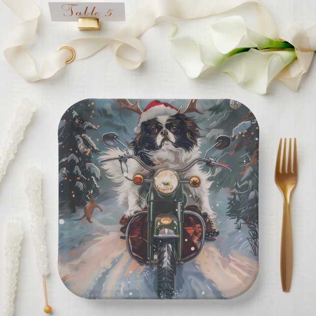 Japanese Chin Dog Riding Motorcycle Christmas Paper Plate (Wedding)