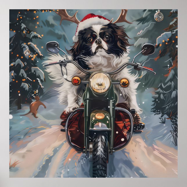 Japanese Chin Dog Riding Motorcycle Christmas Poster (Front)