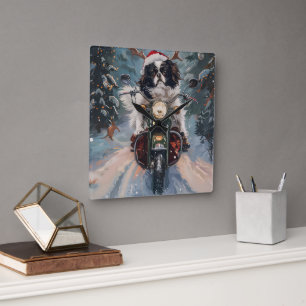 Japanese Chin Dog Riding Motorcycle Christmas Square Wall Clock