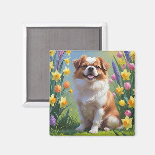 Japanese Chin Dog Spring Flowers Painting Magnet
