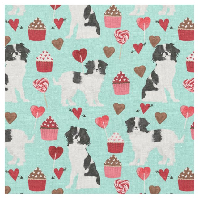 japanese chin dog valentines mint fabric (Close Up)