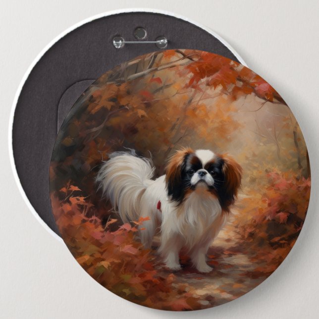 Japanese Chin in Autumn Leaves Fall Inspire 6 Cm Round Badge (Front & Back)