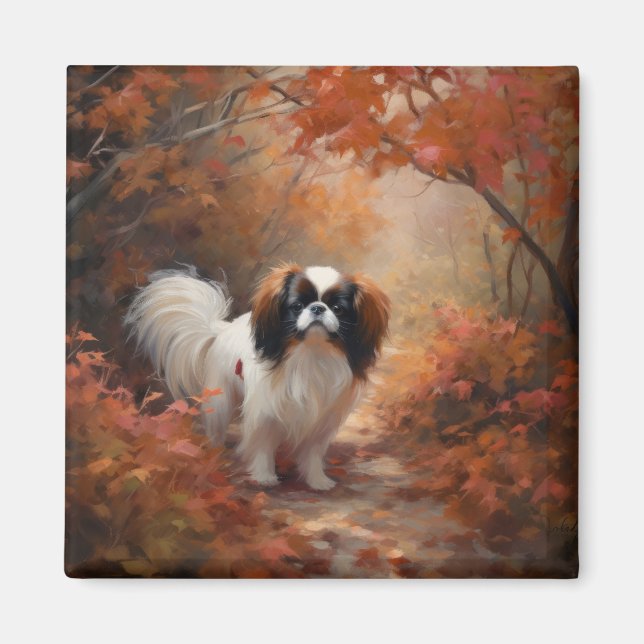 Japanese Chin in Autumn Leaves Fall Inspire Magnet (Front)