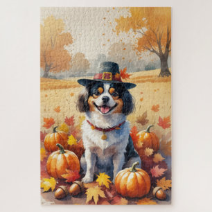 Japanese Chin In Autumn Leaves Thanksgiving Art Jigsaw Puzzle