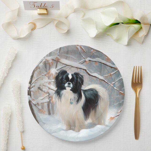 Japanese Chin Let It Snow Christmas Paper Plate (Wedding)