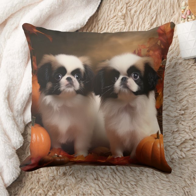 Japanese Chin Puppy Autumn Delight Pumpkin  Cushion (Blanket)