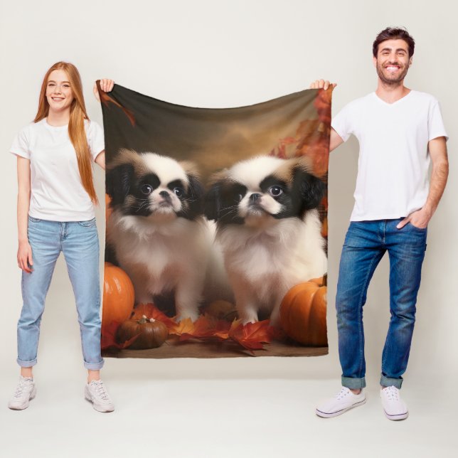 Japanese Chin Puppy Autumn Delight Pumpkin  Fleece Blanket (In Situ)