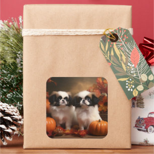 Japanese Chin Puppy Autumn Delight Pumpkin  Square Sticker