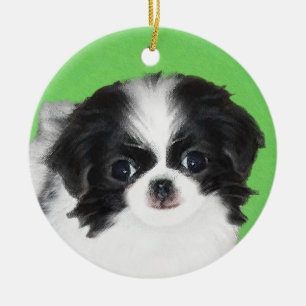 Japanese Chin Puppy Painting - Original Dog Art Ceramic Tree Decoration