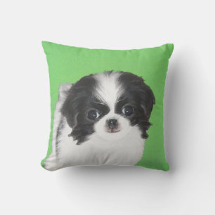 Japanese Chin Puppy Painting - Original Dog Art Cushion