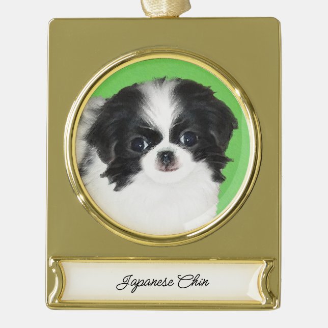 Japanese Chin Puppy Painting - Original Dog Art Gold Plated Banner Ornament (Front)