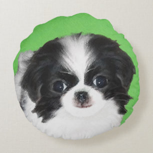 Japanese Chin Puppy Painting - Original Dog Art Round Cushion