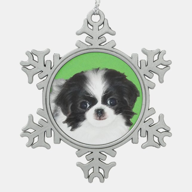 Japanese Chin Puppy Painting - Original Dog Art Snowflake Pewter Christmas Ornament (Front)