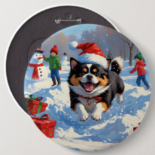 Japanese Chin Running in Snow with Christmas Hat 6 Cm Round Badge