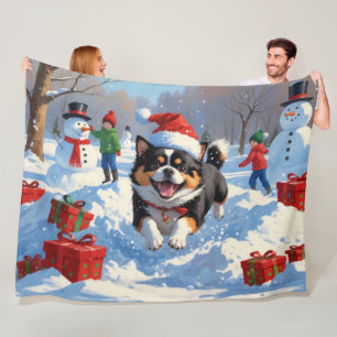 Japanese Chin Running in Snow with Christmas Hat Fleece Blanket