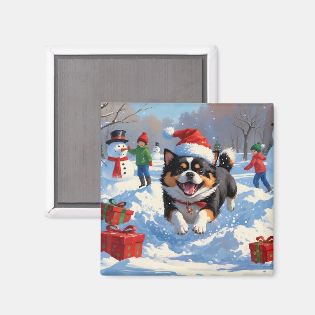 Japanese Chin Running in Snow with Christmas Hat Magnet (Front/Back)