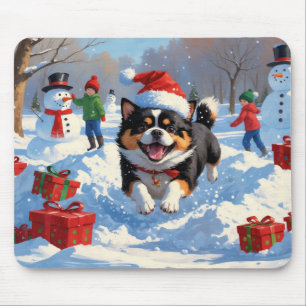Japanese Chin Running in Snow with Christmas Hat Mouse Pad