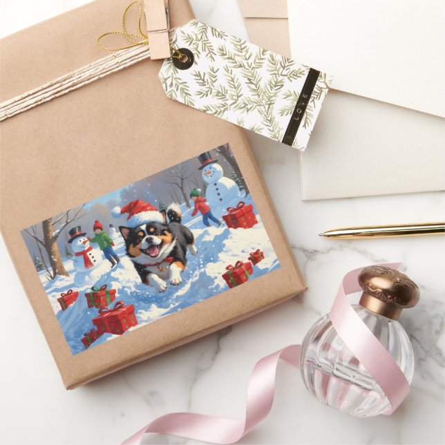 Japanese Chin Running in Snow with Christmas Hat Rectangular Sticker (Gifting)