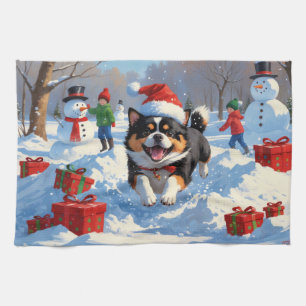 Japanese Chin Running in Snow with Christmas Hat Tea Towel