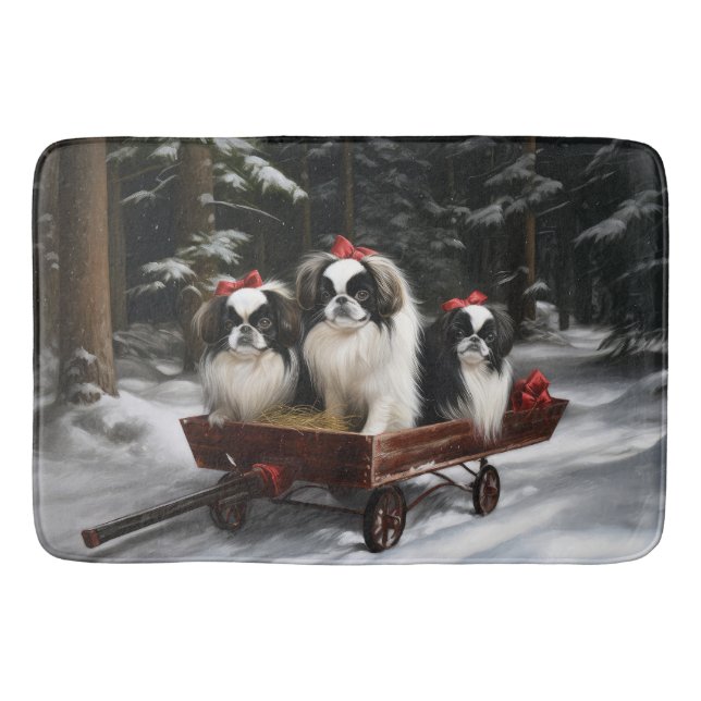 Japanese Chin Snowy Sleigh Christmas Decor Bath Mat (Front)