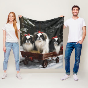 Japanese Chin Snowy Sleigh Christmas Decor Fleece Blanket