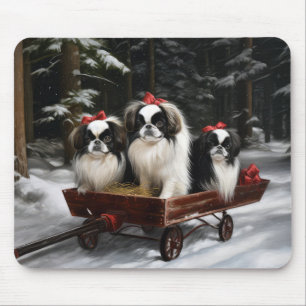 Japanese Chin Snowy Sleigh Christmas Decor Mouse Pad