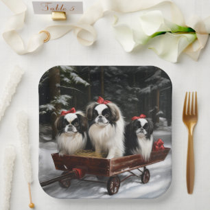 Japanese Chin Snowy Sleigh Christmas Decor Paper Plate