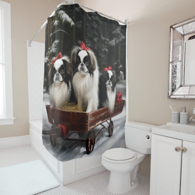 Japanese Chin Snowy Sleigh Christmas Decor Shower Curtain (In Situ)