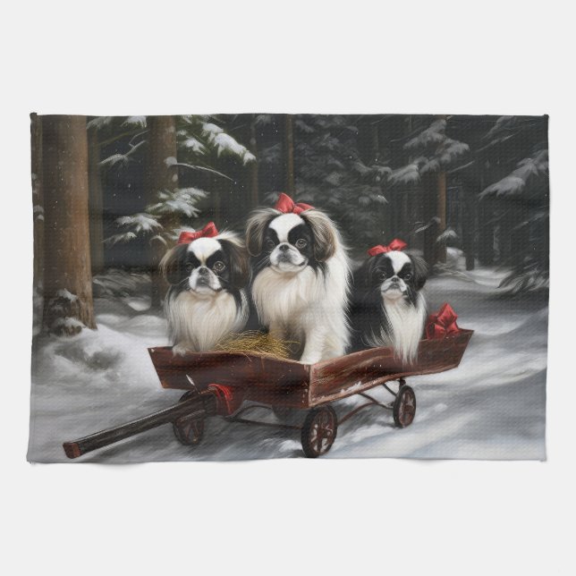 Japanese Chin Snowy Sleigh Christmas Decor Tea Towel (Horizontal)