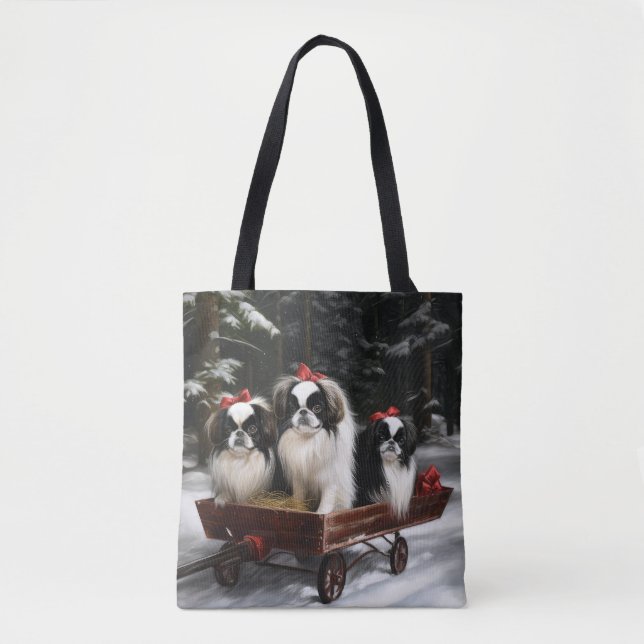 Japanese Chin Snowy Sleigh Christmas Decor Tote Bag (Front)