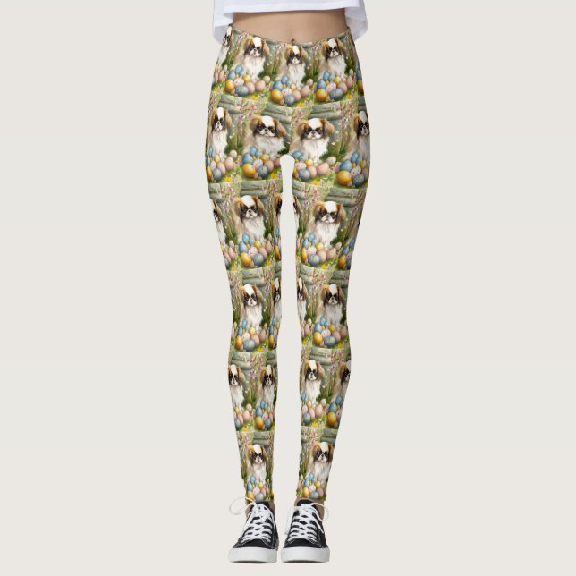 Japanese Chin with Easter Eggs Leggings (Front)