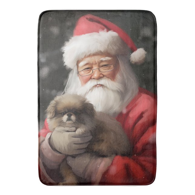 Japanese Chin With Santa Claus Festive Christmas Bath Mat (Front Vertical)