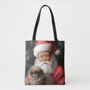 Japanese Chin With Santa Claus Festive Christmas Tote Bag