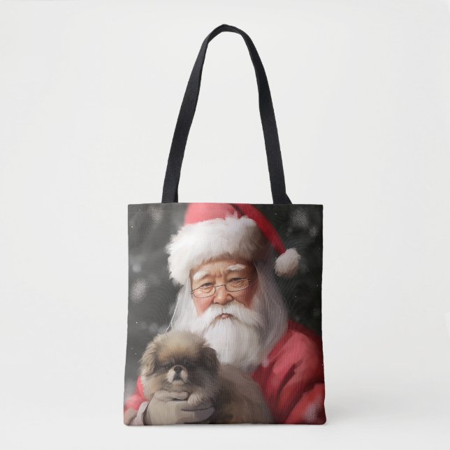 Japanese Chin With Santa Claus Festive Christmas Tote Bag (Front)