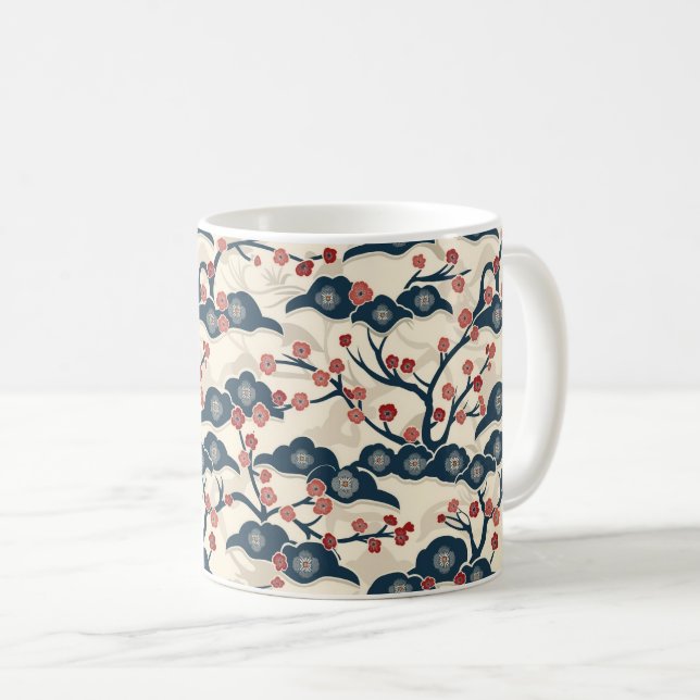 Japanese Chiyogami Ume Red Coral Indigo Cream Coffee Mug (Front Right)