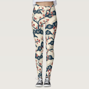 Japanese Chiyogami Ume Red Coral Indigo Cream Leggings