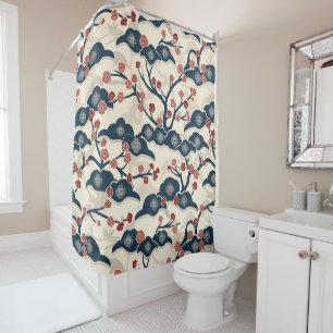 Japanese Chiyogami Ume Red Coral Indigo Cream Shower Curtain