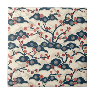 Japanese Chiyogami Ume Red Coral Indigo Cream Tile