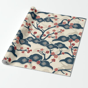 Japanese Chiyogami Ume Red Coral Indigo Cream Wrapping Paper