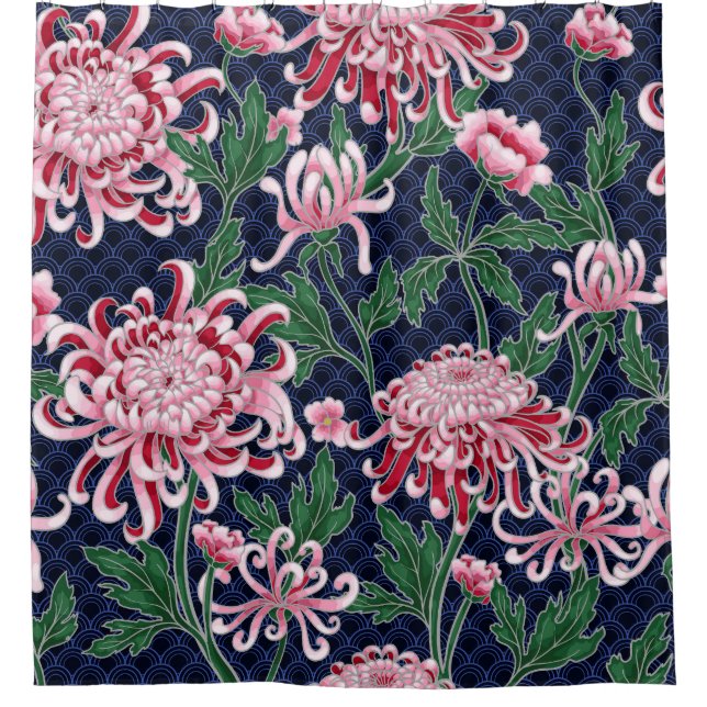 Japanese Chrysanthemum Peonies Vintage Pattern Shower Curtain (Front)