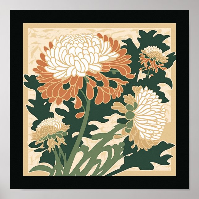 Japanese chrysanthemum print | green & orange (Front)