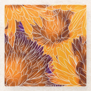 Japanese Chrysanthemum: Watercolor Seamless Patter Glass Coaster