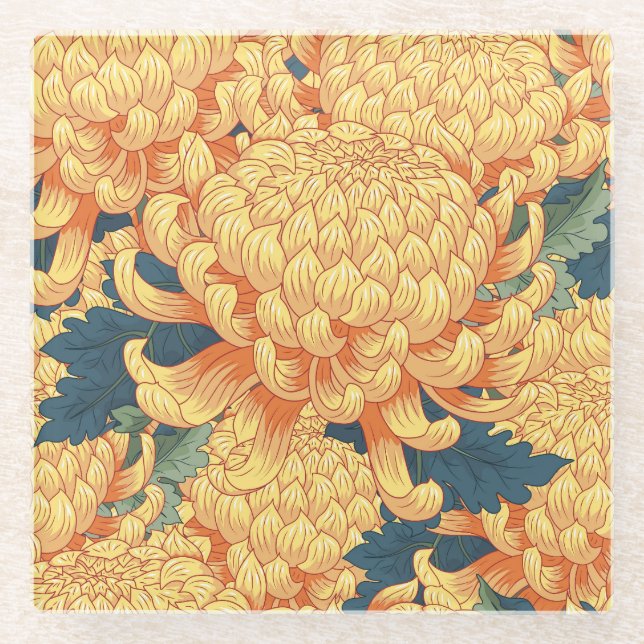 Japanese chrysanthemums: yellow floral pattern. glass coaster (Front)