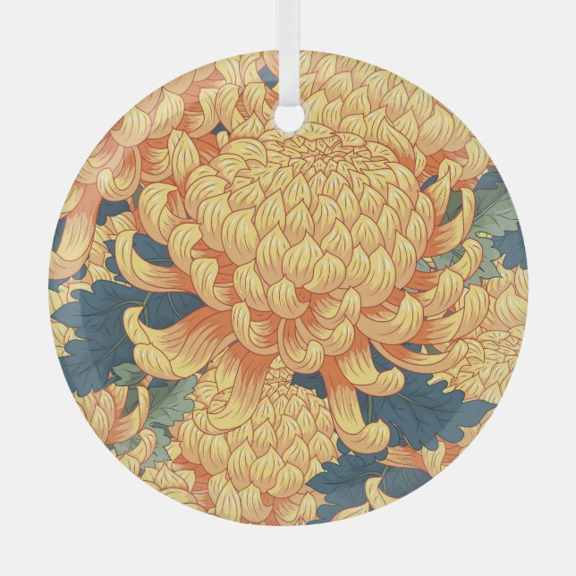 Japanese chrysanthemums: yellow floral pattern. glass tree decoration (Front)