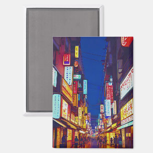 Japanese City Street At Night Magnet