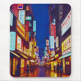 Japanese City Street At Night Mouse Pad