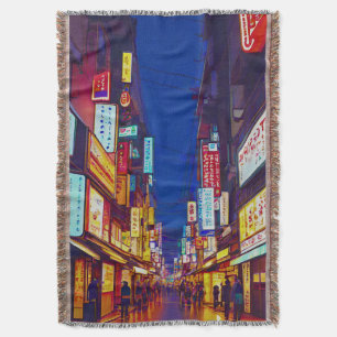 Japanese City Street At Night Throw Blanket