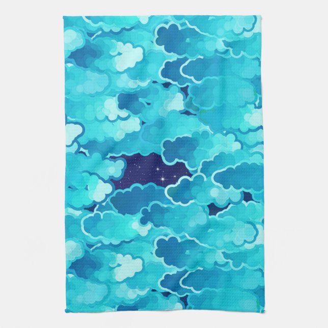 Japanese Clouds, Evening Sky, Turquoise and Indigo Tea Towel (Vertical)