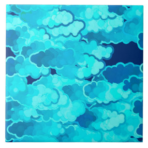 Japanese Clouds, Evening Sky, Turquoise and Indigo Tile