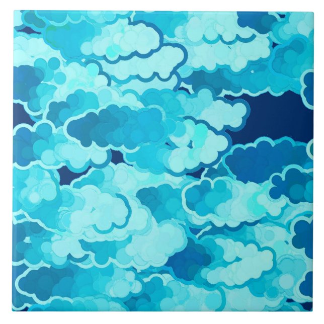 Japanese Clouds, Evening Sky, Turquoise and Indigo Tile (Front)